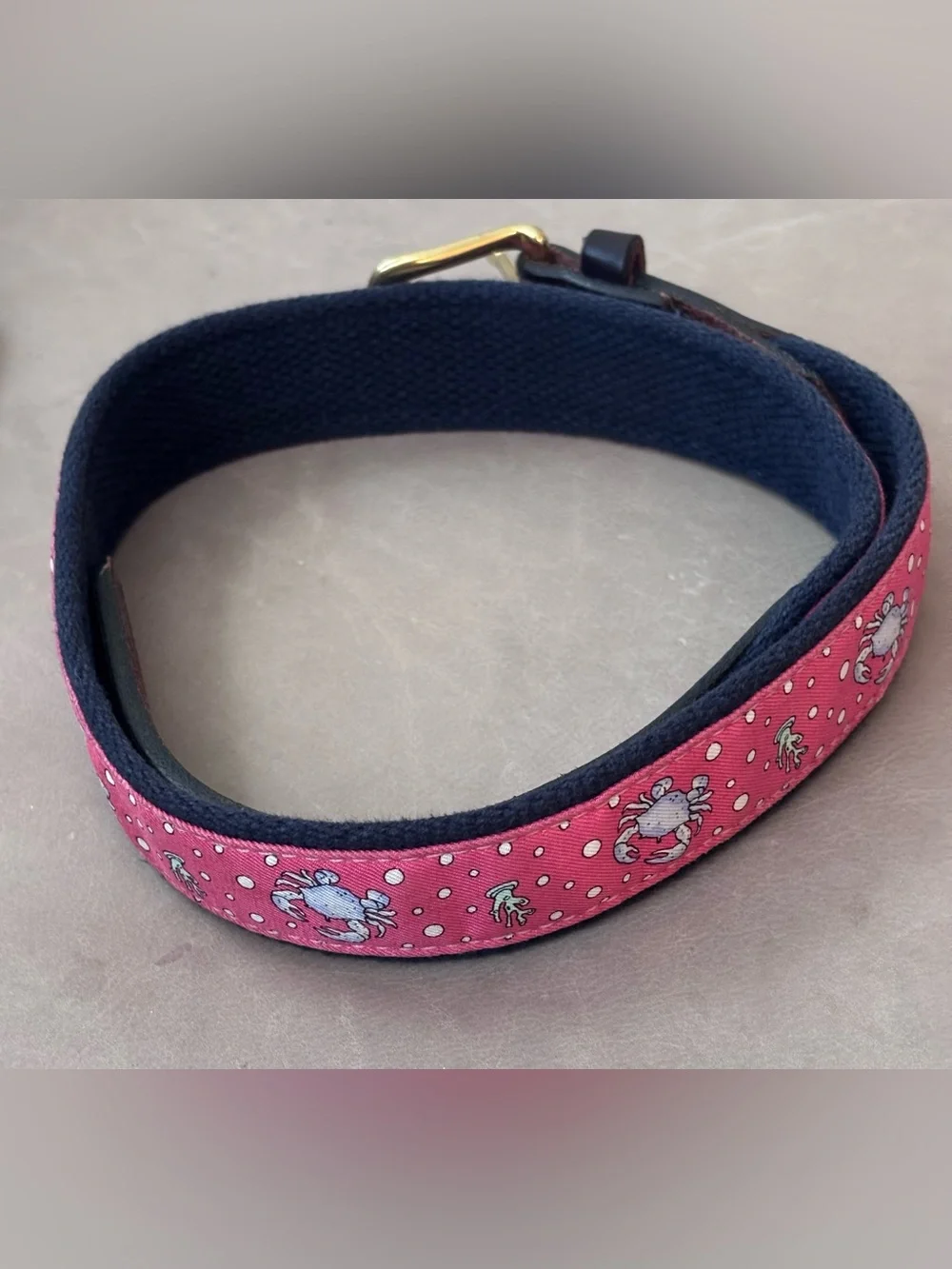 Vineyard Vines Pink Crab Canvas Leather Belt Size 28 Made in USA Solid Brass